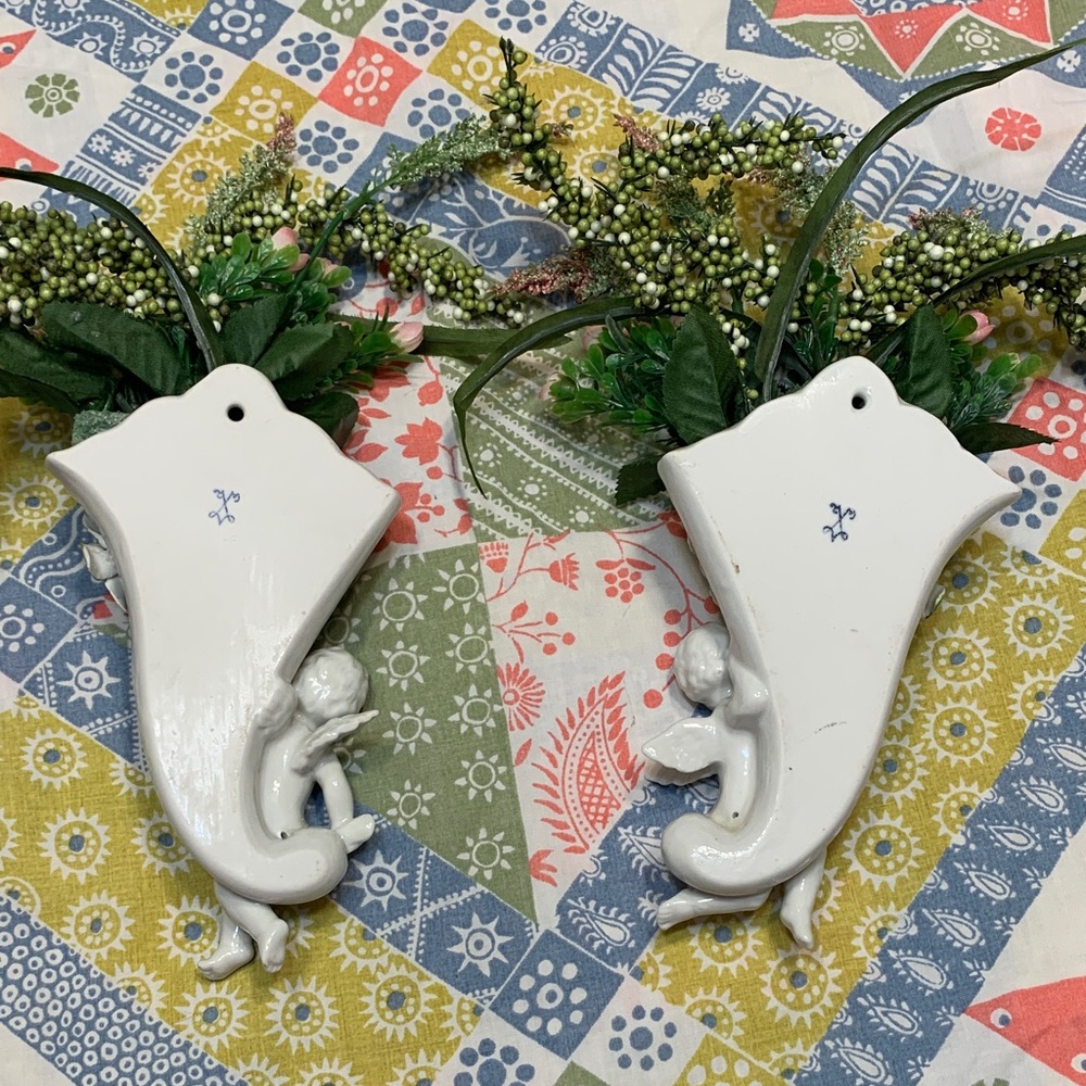 Vintage Dresden Porcelain Floral Cherub Wall Sconce Set - White and Pink - Picture 9 of 16